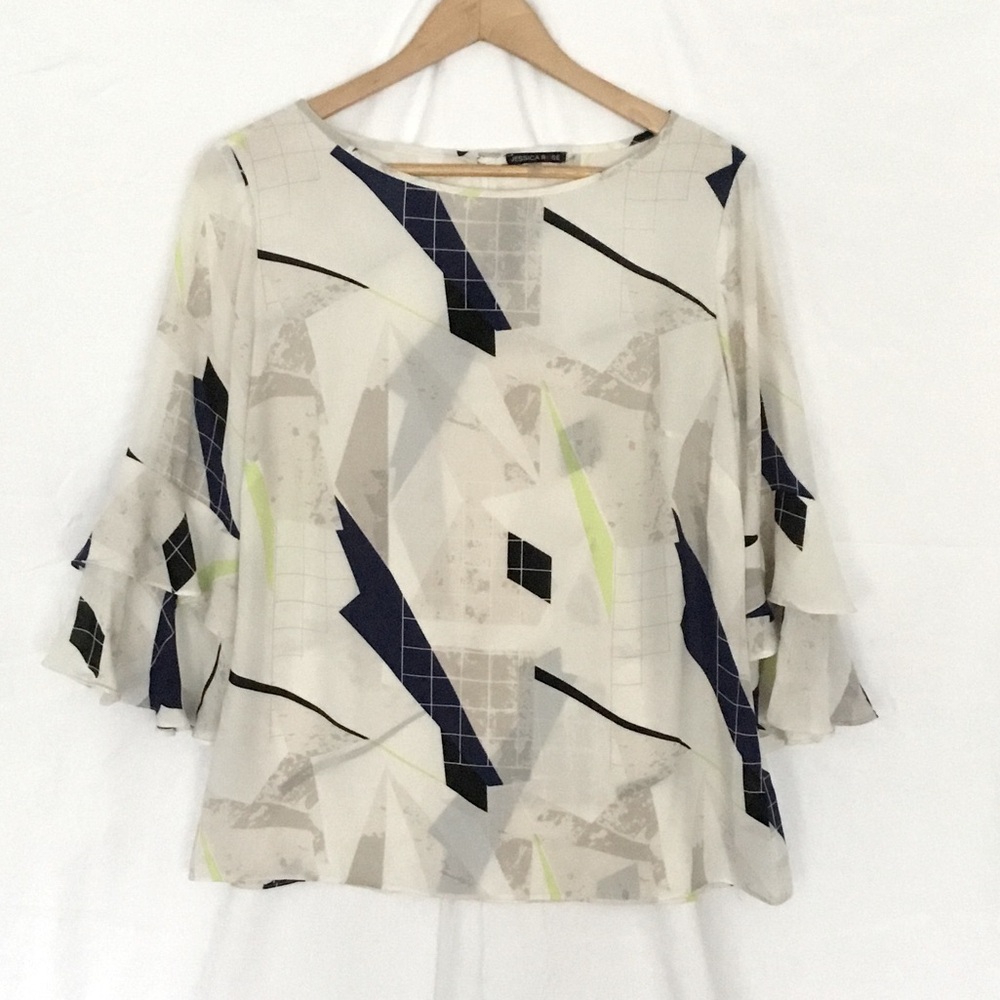 Jessica Rose Geometric Blouse in Ivory Large 3/4 Tiered Ruffled Sleeves Retro L